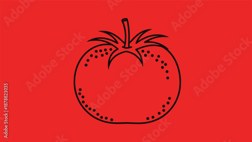 Minimalist black outline drawing of a single fresh tomato on a vibrant solid red background, a simple and bold graphic for food concepts.