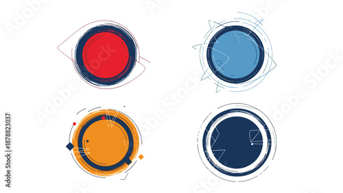 Set of four abstract circular graphic elements with grunge textures and geometric accents, ideal for modern logos, badges, or design projects.