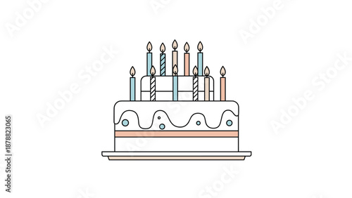 Minimalist two-tiered birthday cake with colorful lit candles, a clean and simple line art illustration perfect for modern celebration designs.