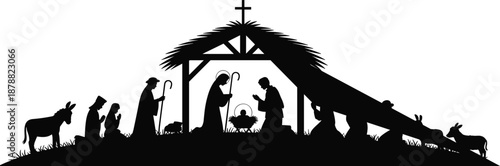 Christian Nativity Scene Silhouette of Mary Joseph and Baby Jesus in Bethlehem Manger with Shepherds Animals Holy Night Christmas Illustration Traditional Spiritual Artwork
