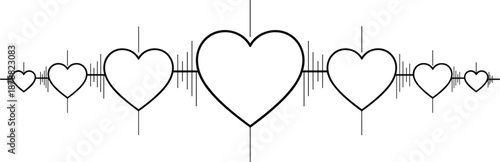 Decorative row of six heart outlines in various sizes integrated into a horizontal heartbeat pulse frequency wave line.