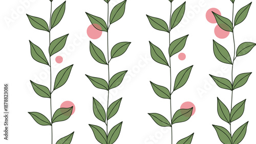 Simple seamless vertical pattern with delicate green leafy vines and small pink dots, creating a minimalist and elegant botanical background.