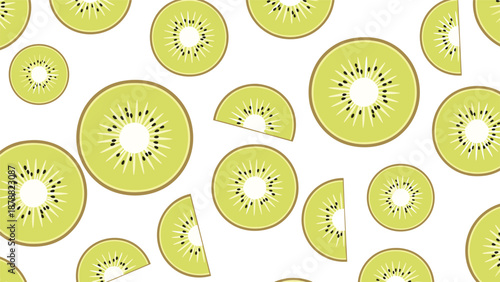 Fresh and tropical seamless pattern with green kiwi fruit slices, creating a vibrant and healthy summer-themed background for various designs.