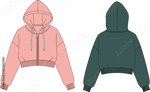 Front and back view illustration of cropped hoodies in pink and green, fashion sketch for apparel design, garment template, or casual wear mockup.