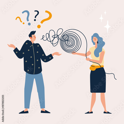 Woman helping man to untangle messy thoughts into clear understanding. Flat illustration of explanation, coaching, mentoring, problem solving, clarity, insight and effective communication.