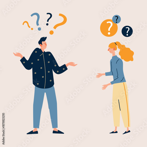 Two people standing with question marks above their heads showing confusion, misunderstanding and uncertainty in communication. Flat vector illustration of problem discussion, doubts, thinking process