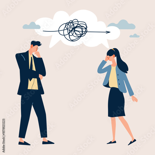 Business people thinking and analyzing tangled idea in speech bubble. Flat vector illustration of reflection, decision making, problem analysis, mental process, communication challenge and strategic t