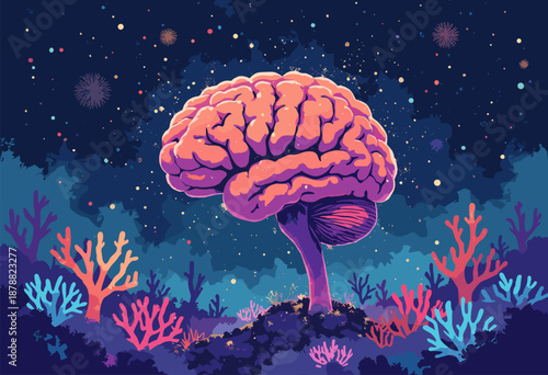 human brain depicted as glowing coral reef Neural Network Flat illustration