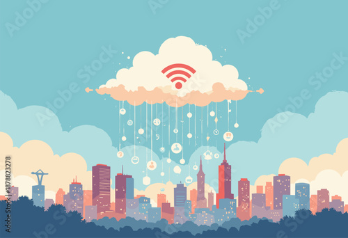 cloud raining wifi symbols down city Connectivity Minimalist flat