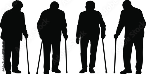 Elderly people silhouettes using walking canes, senior citizens standing and walking, aging population, mobility support, healthcare and retirement concept isolated on white background