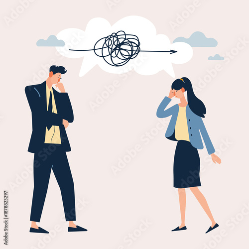Business people thinking and analyzing tangled idea in speech bubble. Flat vector illustration of reflection, decision making, problem analysis, mental process, communication challenge and strategic t
