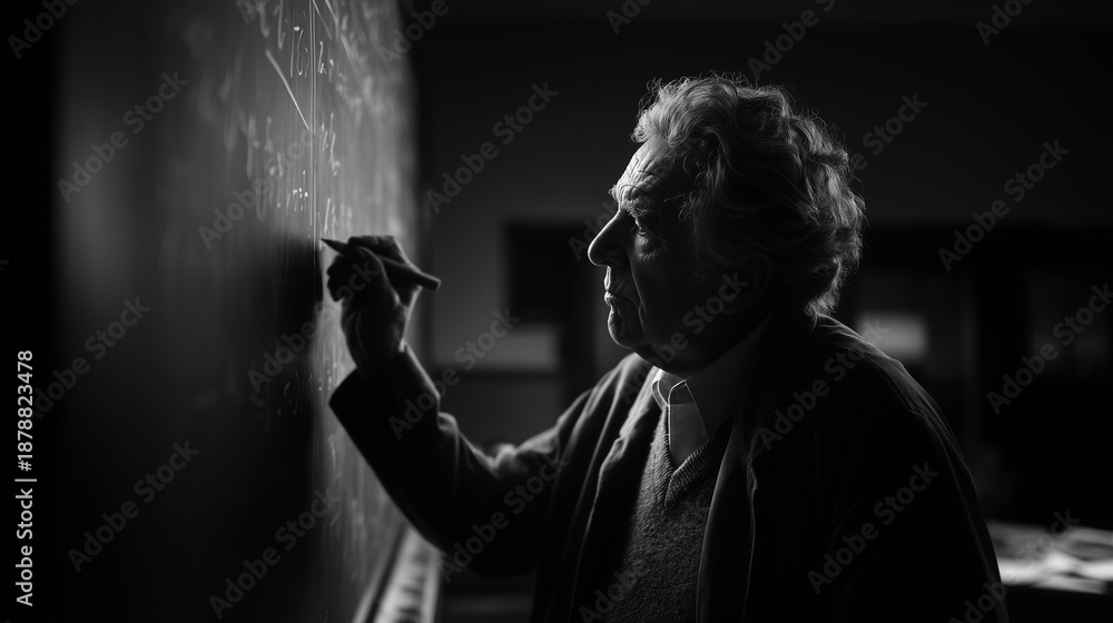 Naklejka premium Lone scientist writing equations on chalkboard in classroom, side view