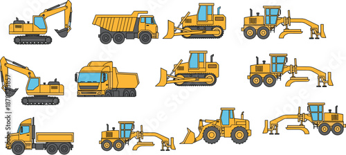 Cartoon-style illustration of twelve yellow and blue construction vehicles including excavators, dump trucks, bulldozers, graders, and loaders in grid layout.