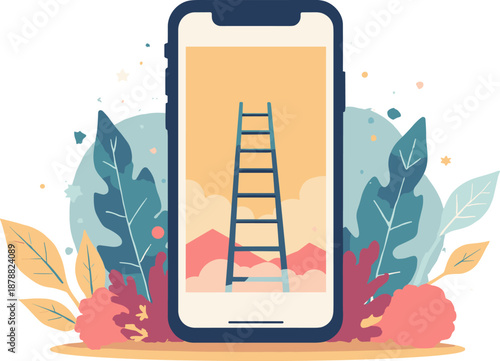 ladder extending out smartphone screen into real world Digital Opportunity Flat
