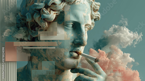 Surreal classical statue with cigarette against clouds and glitch shapes contemporary art conceptual poster minimalist design aesthetic
