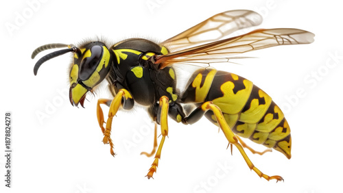 Isolated yellowjacket wasp is a stinging insect with yellow and black stripes and six legs