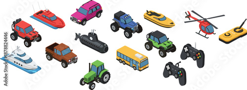 Isometric illustration of colorful toy vehicles and remote control devices including cars, boats, helicopter, submarine, and controllers on white background.