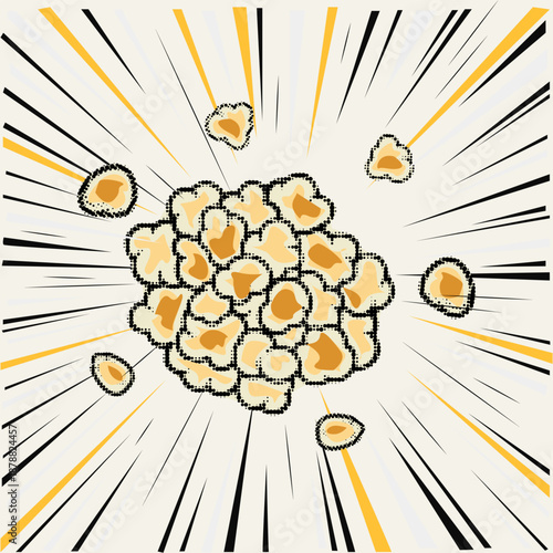 Halftone pop art dot style exploding popcorn for movie and cinema snack concepts vector illustration