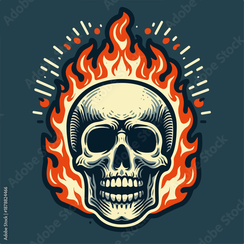 Vector illustration of a skull with a blazing fire aura