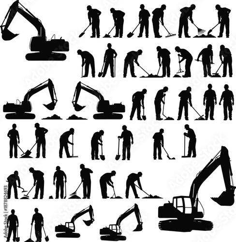 Silhouette illustration of construction workers and excavators in various poses and actions, ideal for industrial, labor, and infrastructure-themed design 