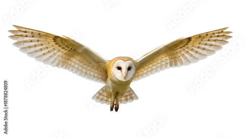 Photography Isolated barn owl in flight, showing large wingspan, detailed feathers, and hear