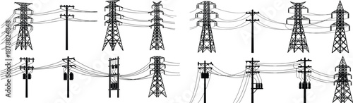 Silhouette illustration set of electrical transmission towers and utility poles in varied designs for infrastructure, energy, and engineering themes.