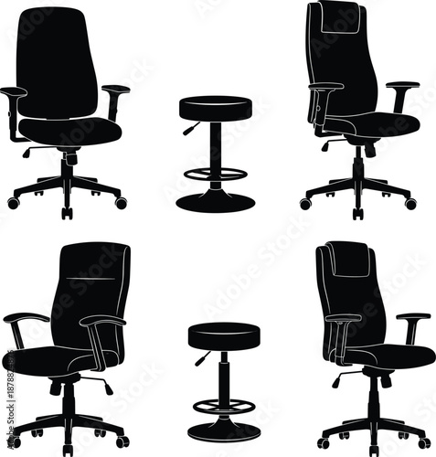Silhouette puzzle illustration featuring five black chairs in grid layout for visual reasoning, pattern recognition, and educational design content.