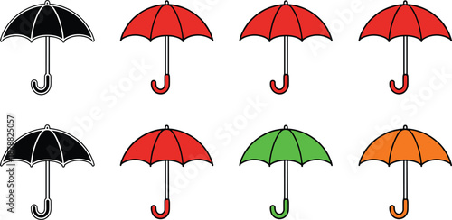 Set of eight colorful umbrella icons in black red green and orange isolated on a plain white background.
