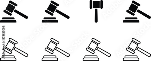 Set of eight legal gavel icons featuring solid black and outline hammer designs for law justice and auctions.