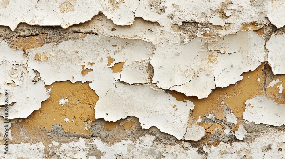 Fototapeta premium Close-Up of Distressed Exterior Wall with Flaking Paint and Textured Plaster in Urban Setting