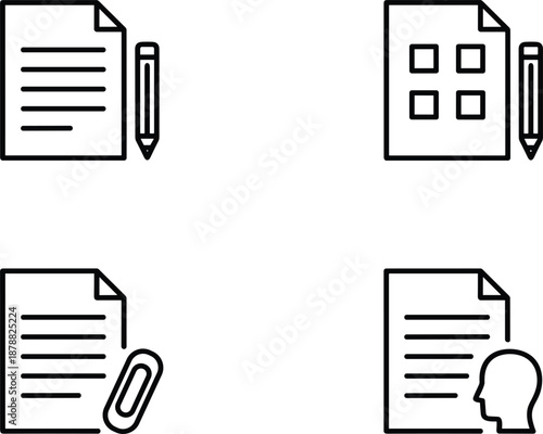 Set of four document icons featuring pencil edit paper clip attachment and human profile head symbols on white.