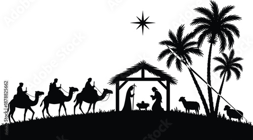 Nativity Scene Silhouette with Holy Family Baby Jesus Three Wise Men on Camels under Bethlehem Star Palm Trees Christmas Illustration