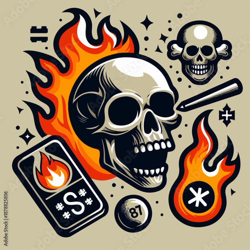Vector illustration of a skull with a blazing fire aura