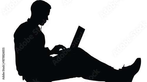 Modern remote work silhouette of person working on laptop while sitting on floor minimalist vector illustration
