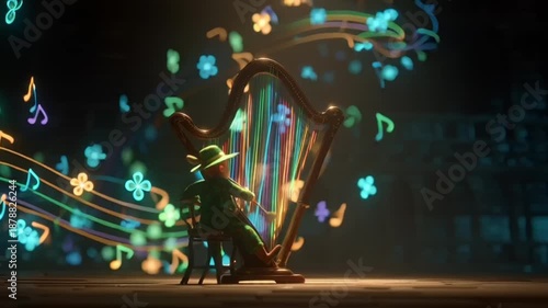 St. Patrick's Day Leprechaun: A video showcasing a harpist playing a vibrant harp in a dark room with colorful lights