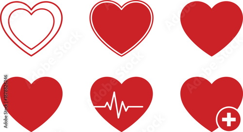 Set of six red heart icons including outline double border heartbeat pulse and medical cross symbols on white background.