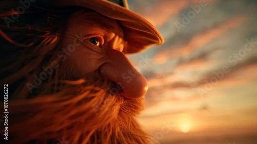 St. Patrick's Day Leprechaun: A video of a fantasy wizard standing on a mystical grid at sunset