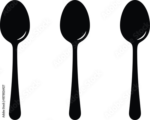 Set of three black spoon silhouettes with white reflection highlights isolated on a white background for kitchen design.