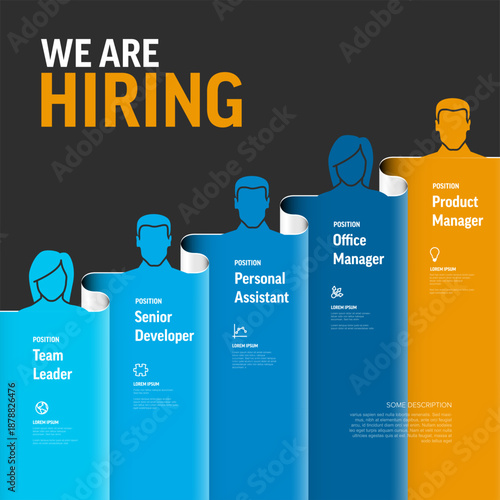 Attractive hiring banner featuring multiple job positions for a professional recruitment drive. This recruitment advertisement highlights job positions with modern character silhouettes.