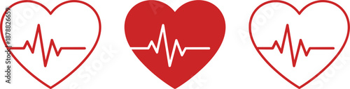 Set of three red heart icons featuring thin and thick outlines with heartbeat pulse lines for medical design.