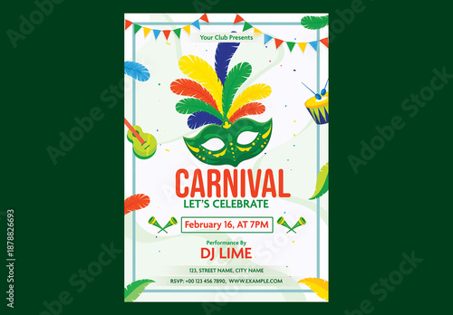 Editable Carnival Party Flyer Design with Colorful Feathered Mask Illustration and Festival Elements on White Background.