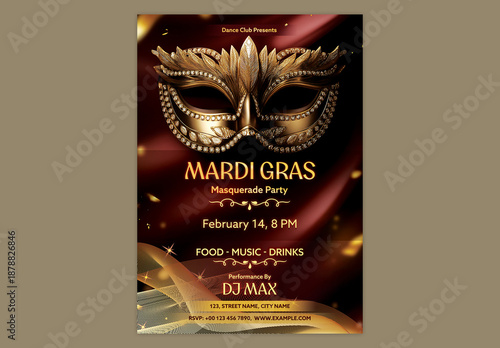 Editable Mardi Gras Masquerade Party Flyer with Golden Mask on Dark Luxury Background, Carnival Theme.