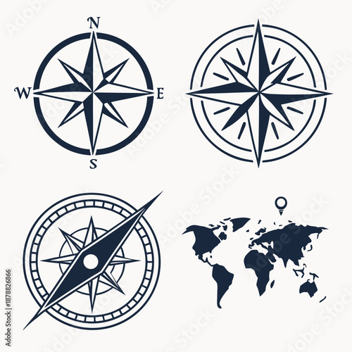Collection of compass and world map icons