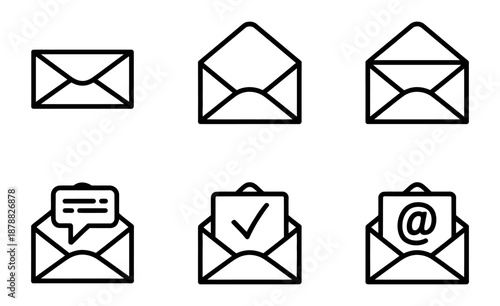 Mail Envelope Icon Set Vector in Linear Style Featuring Closed Envelope, Opened Letter, Checkmark, and Email Symbols with Editable Stroke