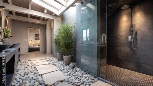Modern Bathroom Oasis: A contemporary bathroom featuring elegant design, natural light, and a touch of serenity, creating a harmonious and relaxing atmosphere.
