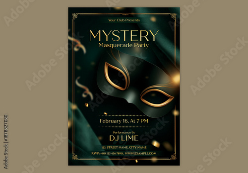 Editable Carnival Theme Mystery Masquerade Party Flyer with Elegant Mask and Event Details in Dark Green and Golden Theme Design.