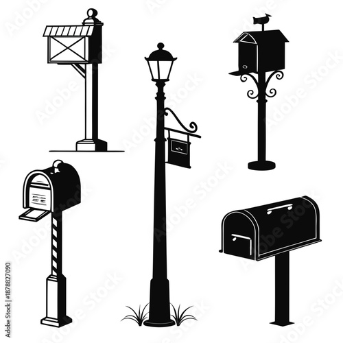 Collection of mailboxes and street lamps