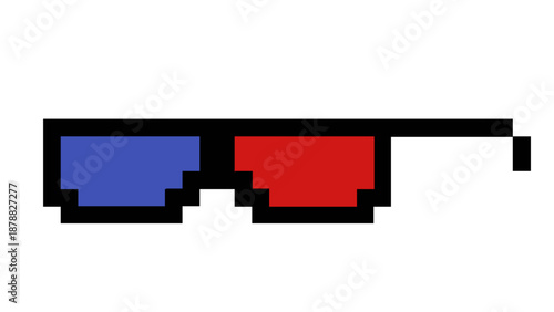 Retro pixel art graphic of classic anaglyph 3D glasses, featuring distinct red and blue lenses. Evokes vintage entertainment, nostalgic viewing, and old-school cinematic experiences