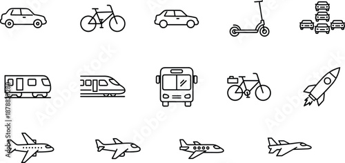 Minimal line transportation icon set featuring cars bicycles trains buses airplanes rockets and modern mobility outline symbols collection