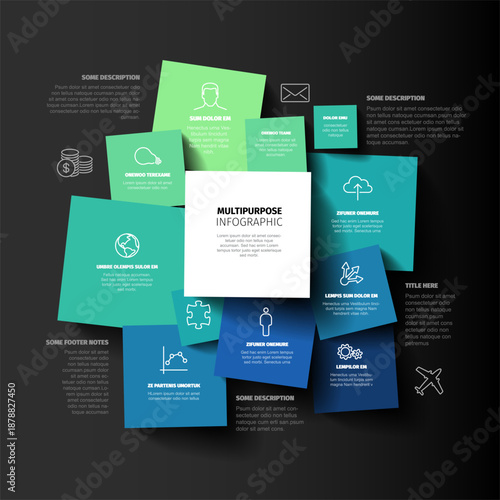 This multipurpose infographic template features colorful infographic squares on a dark background. Use this multipurpose infographic for business reports or data visualization.